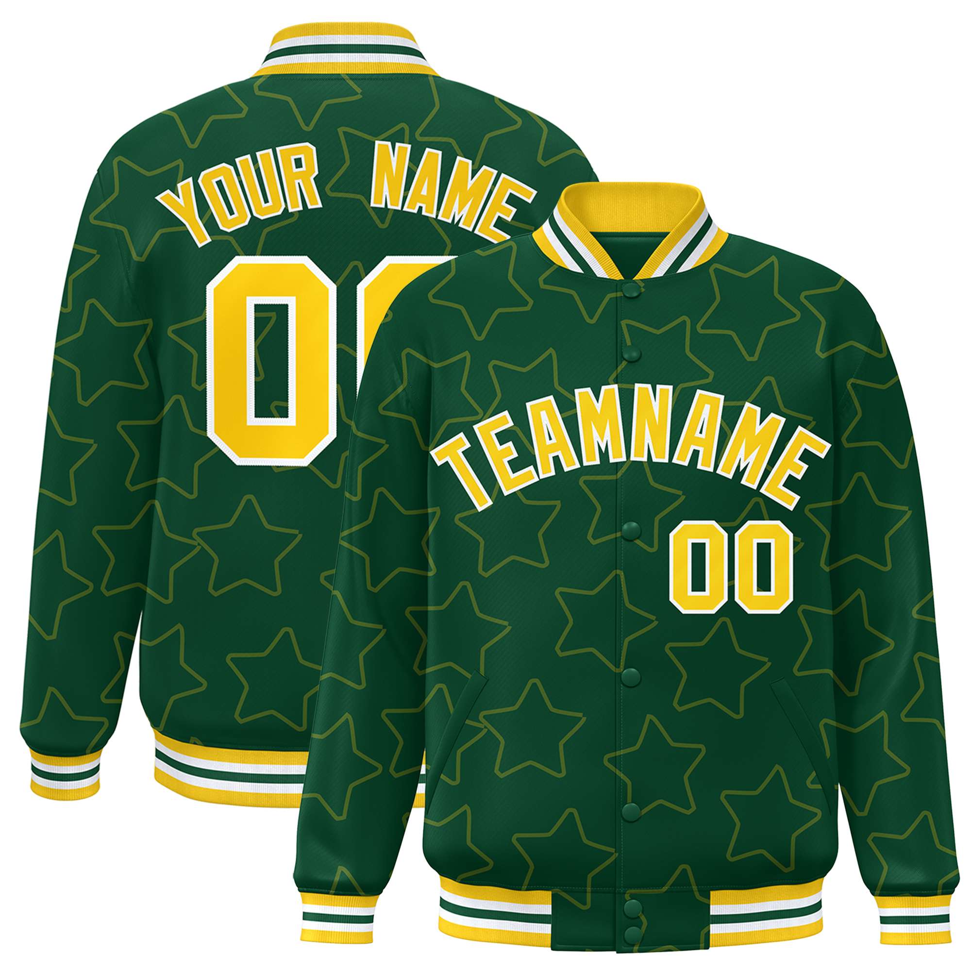 Custom Green Gold Varsity Full-Snap Star Pattern Letterman Baseball Jacket