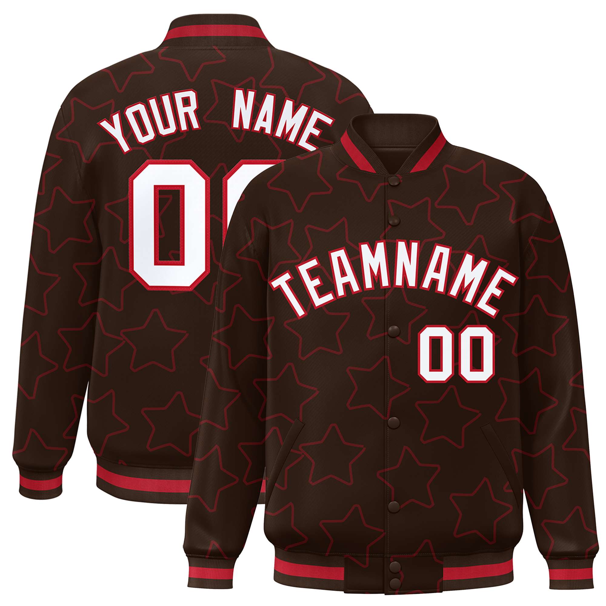 Custom Brown Red Varsity Full-Snap Star Pattern Letterman Baseball Jacket