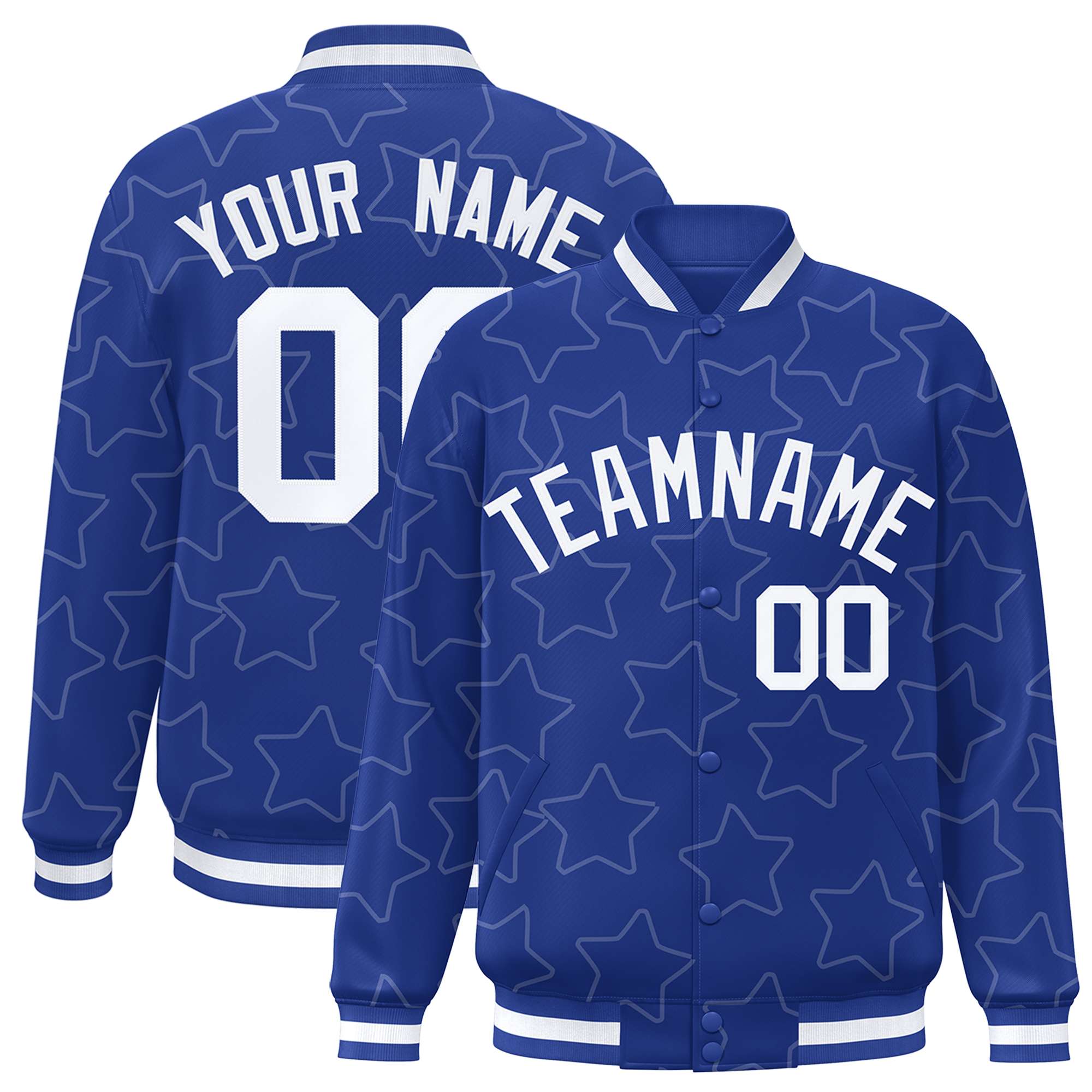 Custom Royal White Varsity Full-Snap Star Pattern Letterman Baseball Jacket