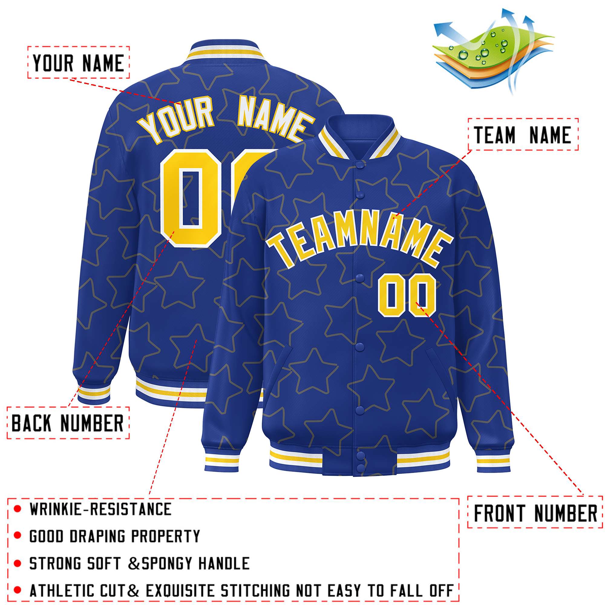 Custom Royal Gold Varsity Full-Snap Star Pattern Letterman Baseball Jacket