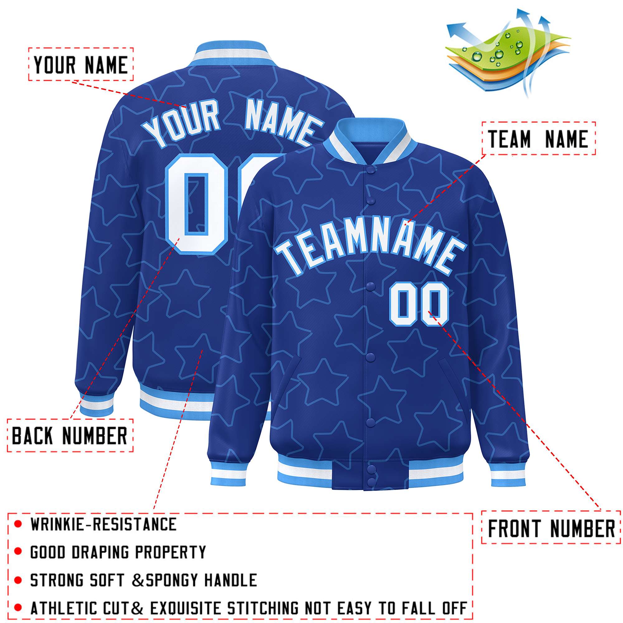 Custom Royal Powder Blue Varsity Full-Snap Star Pattern Letterman Baseball Jacket