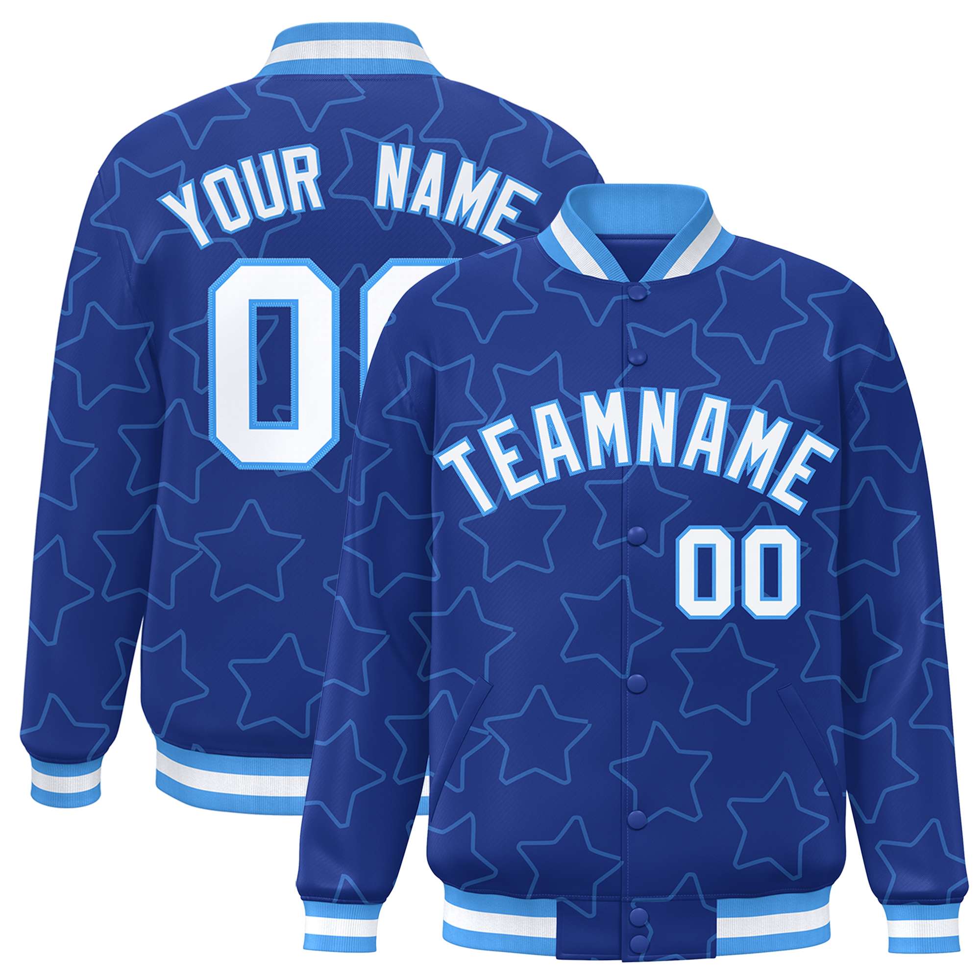 Custom Royal Powder Blue Varsity Full-Snap Star Pattern Letterman Baseball Jacket