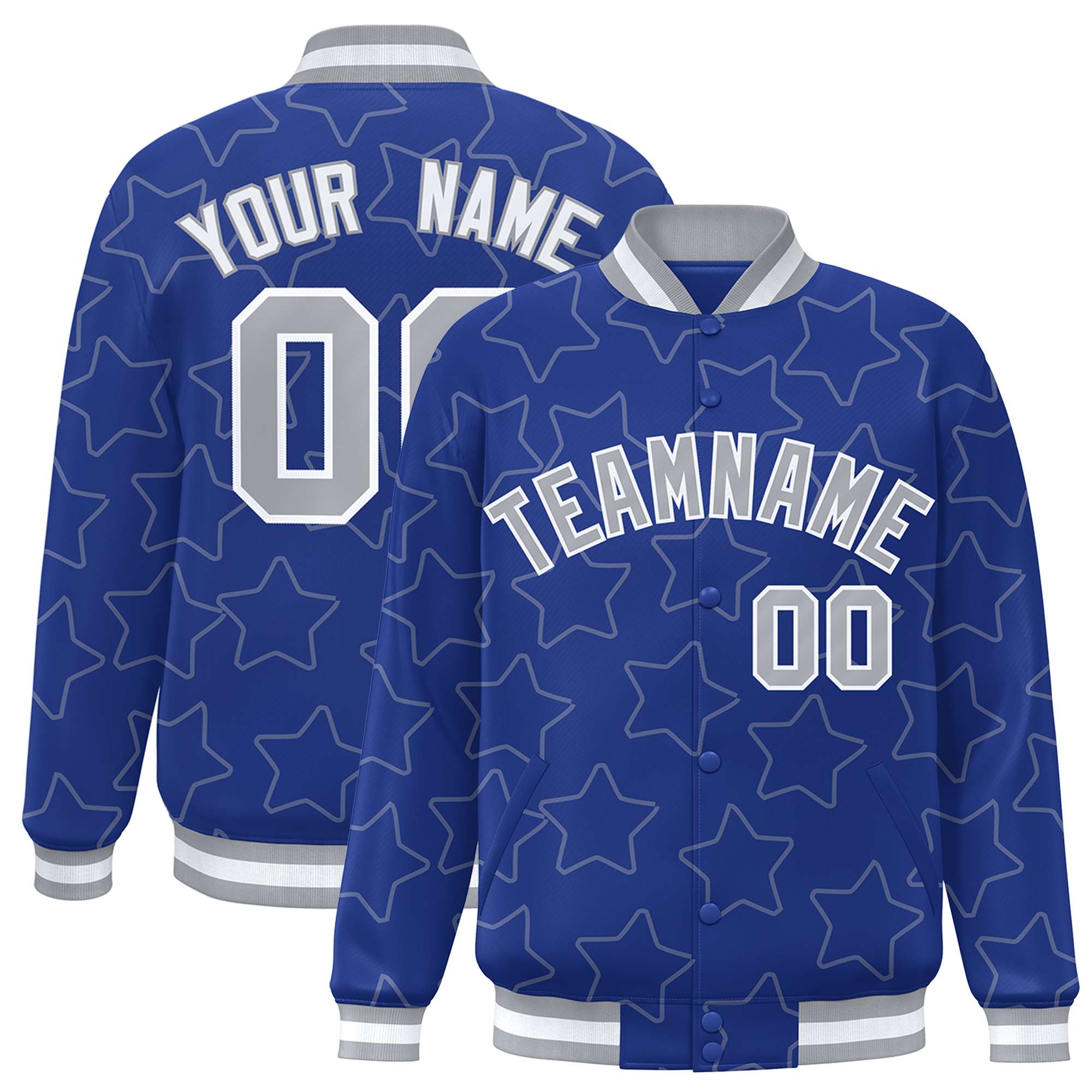 Custom Royal Gray Varsity Full-Snap Star Pattern Letterman Baseball Jacket