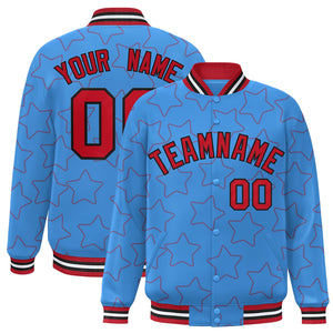 Custom Powder Blue Red Varsity Full-Snap Star Pattern Letterman Baseball Jacket