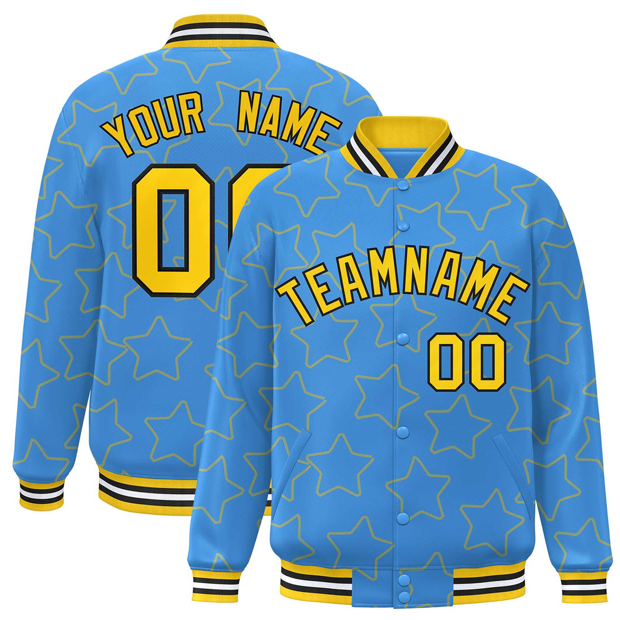 Custom Powder Blue Gold Varsity Full-Snap Star Pattern Letterman Baseball Jacket