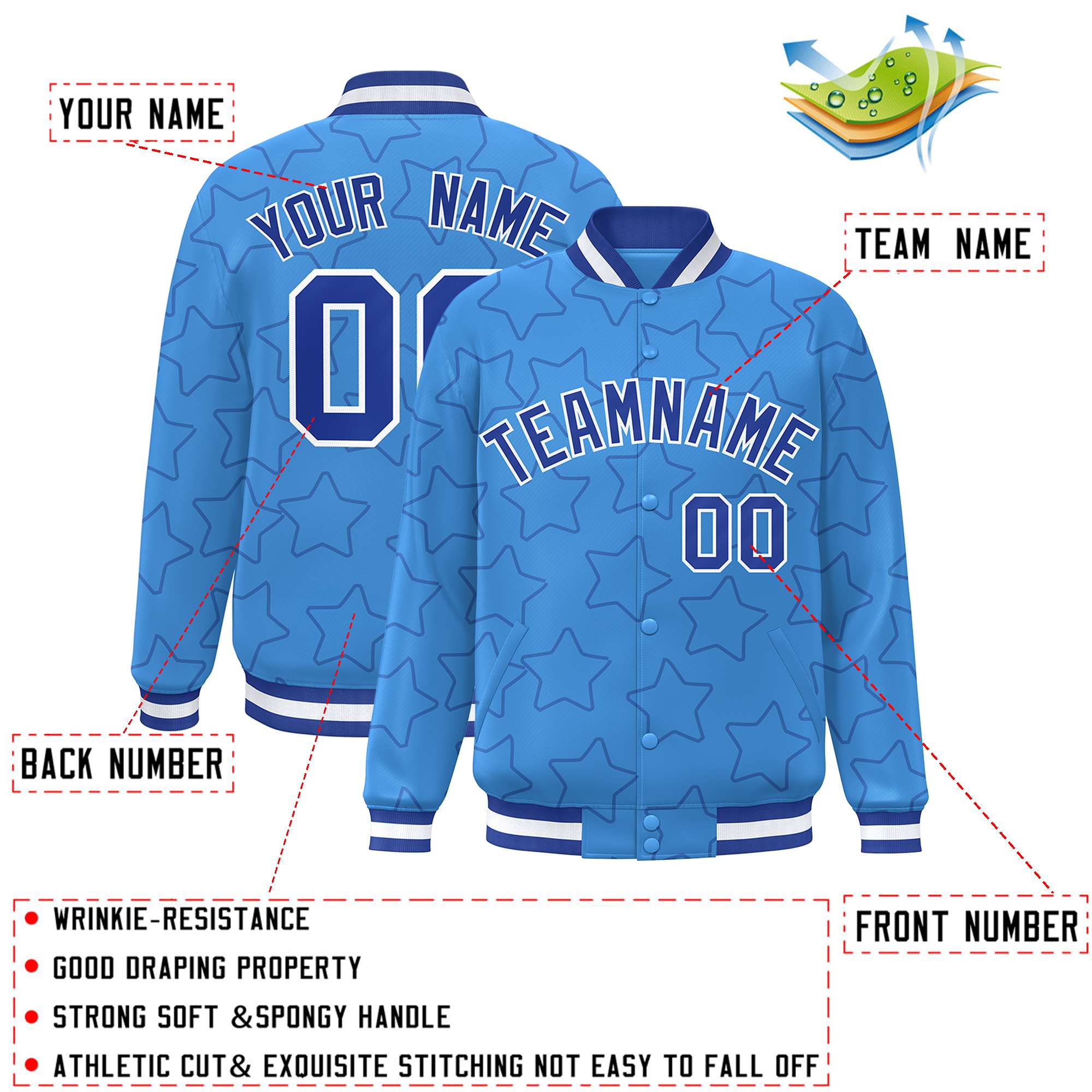 Custom Powder Blue Royal Varsity Full-Snap Star Pattern Letterman Baseball Jacket