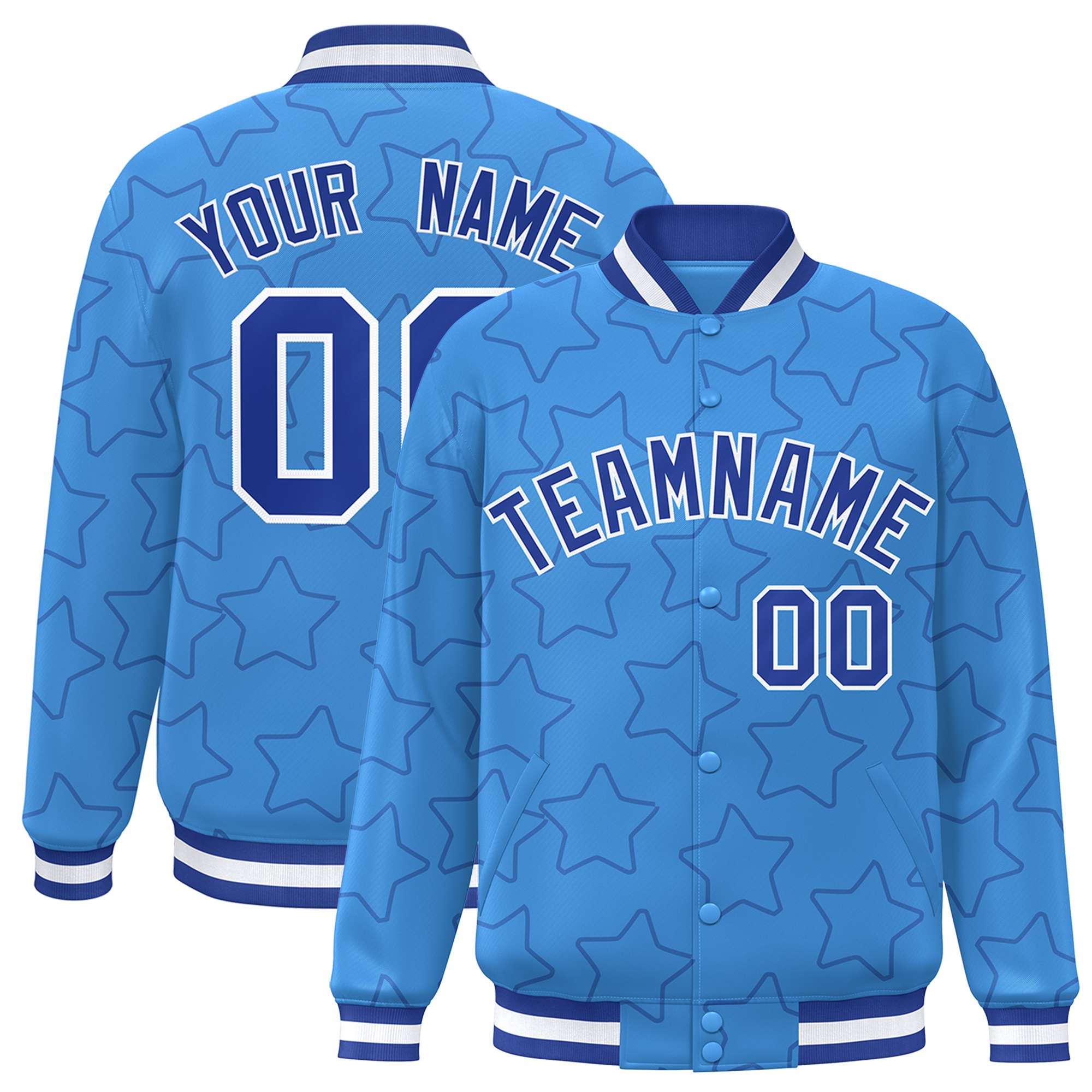 Custom Powder Blue Royal Varsity Full-Snap Star Pattern Letterman Baseball Jacket