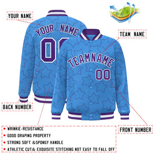 Custom Powder Blue Purple Varsity Full-Snap Star Pattern Letterman Baseball Jacket