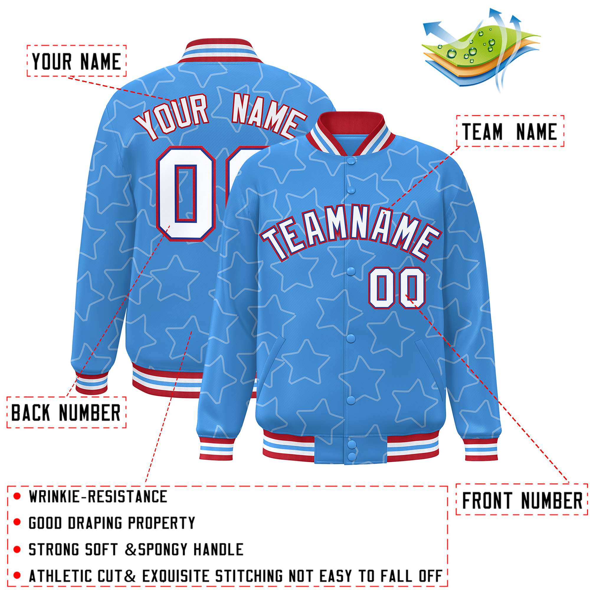 Custom Powder Blue White Varsity Full-Snap Star Pattern Letterman Baseball Jacket