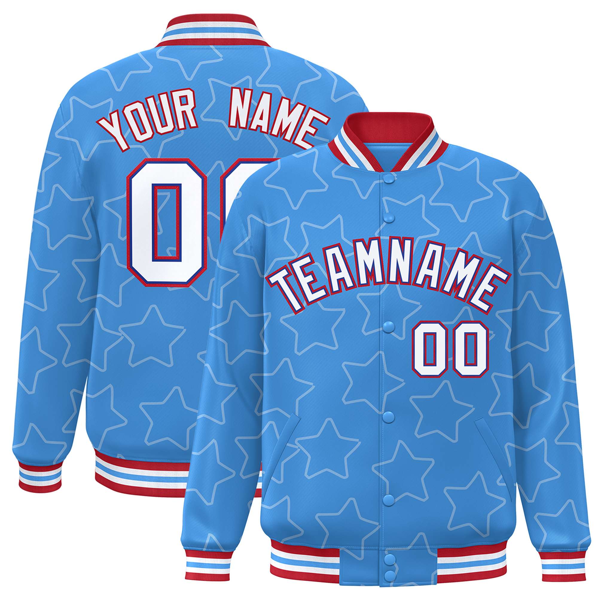 Custom Powder Blue White Varsity Full-Snap Star Pattern Letterman Baseball Jacket