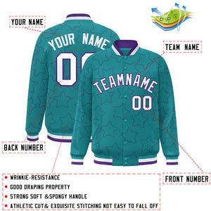 Custom Aqua Purple Varsity Full-Snap Star Pattern Letterman Baseball Jacket