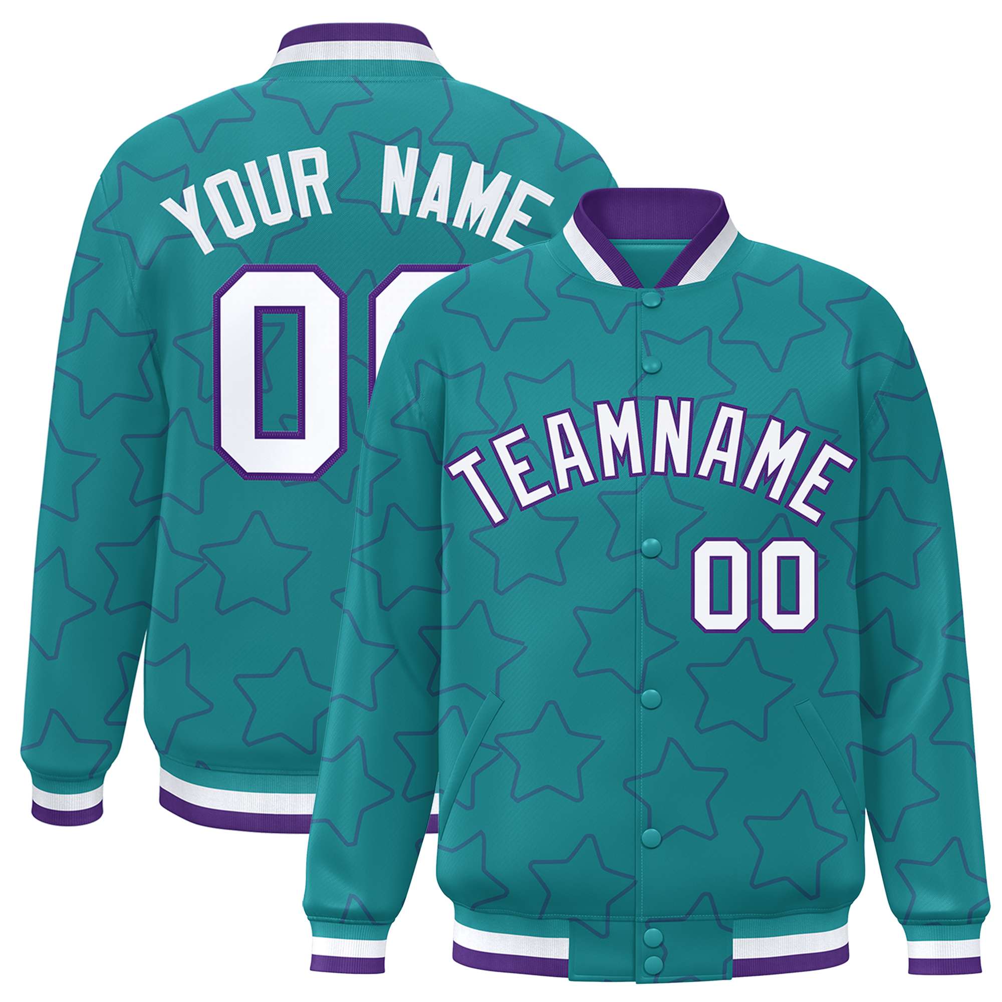 Custom Aqua Purple Varsity Full-Snap Star Pattern Letterman Baseball Jacket