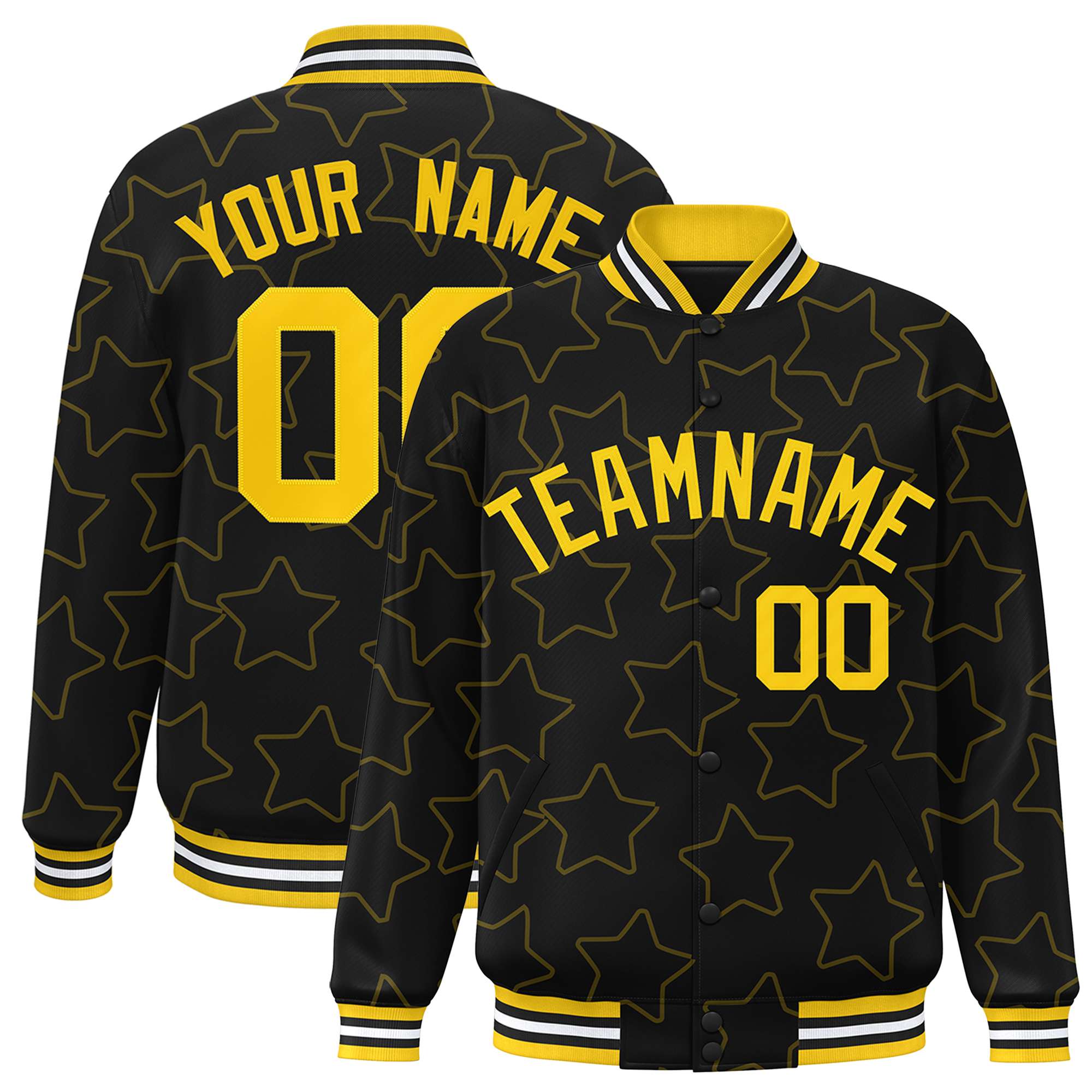 Custom Black Gold Varsity Full-Snap Star Pattern Letterman Baseball Jacket