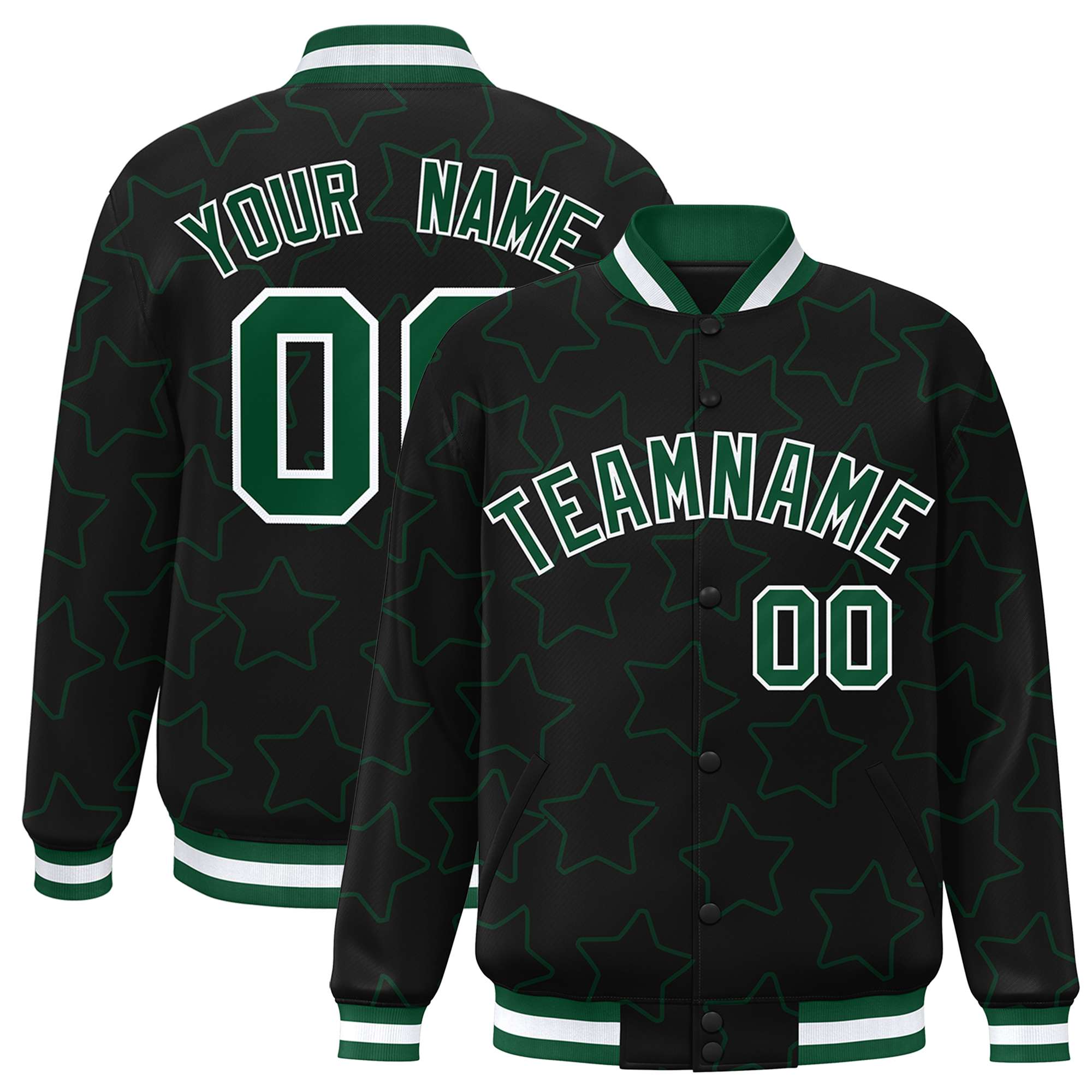 Custom Black Green Varsity Full-Snap Star Pattern Letterman Baseball Jacket