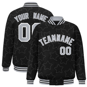 Custom Black Gray Varsity Full-Snap Star Pattern Letterman Baseball Jacket