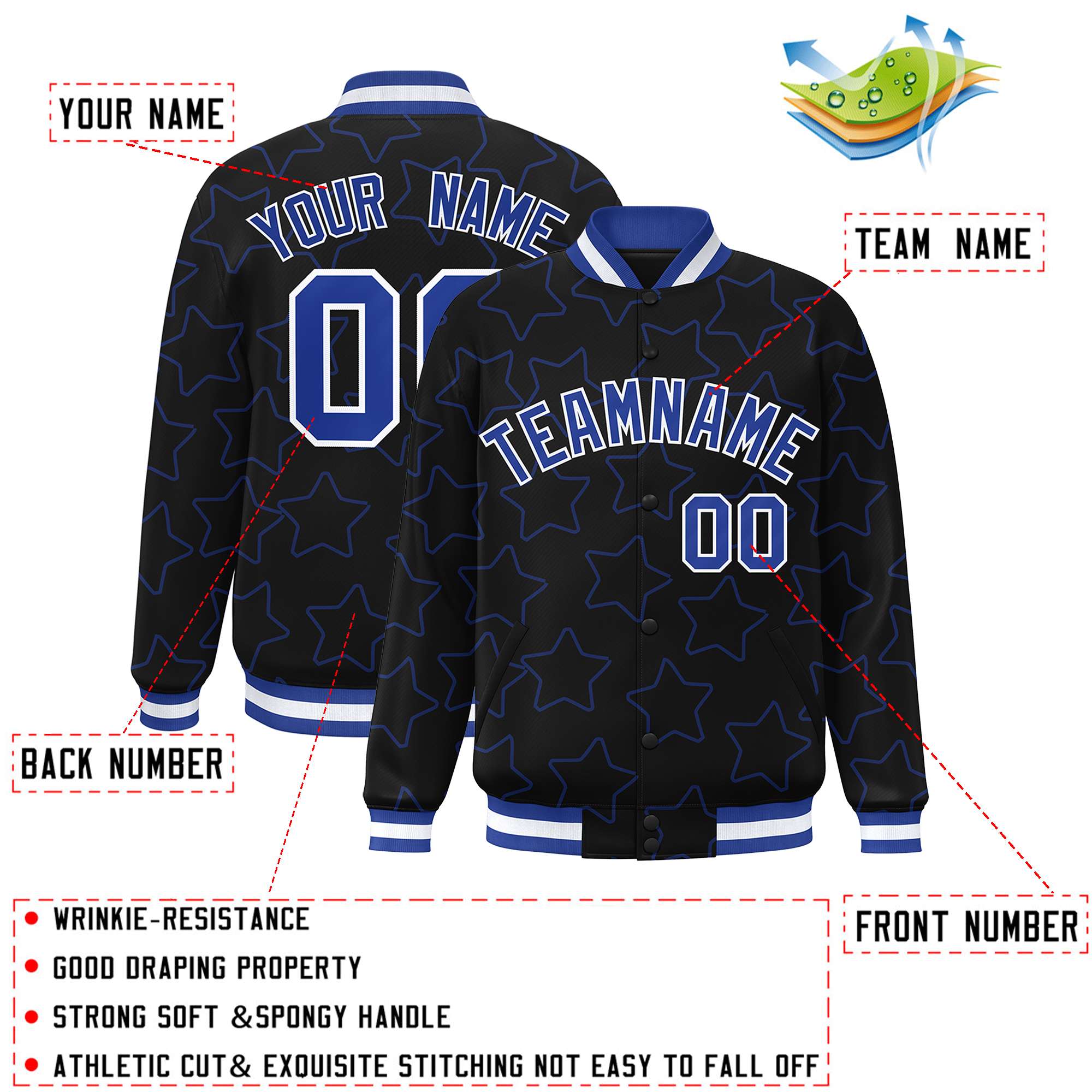 Custom Black Royal Varsity Full-Snap Star Pattern Letterman Baseball Jacket