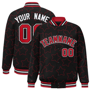 Custom Black Red Varsity Full-Snap Star Pattern Letterman Baseball Jacket