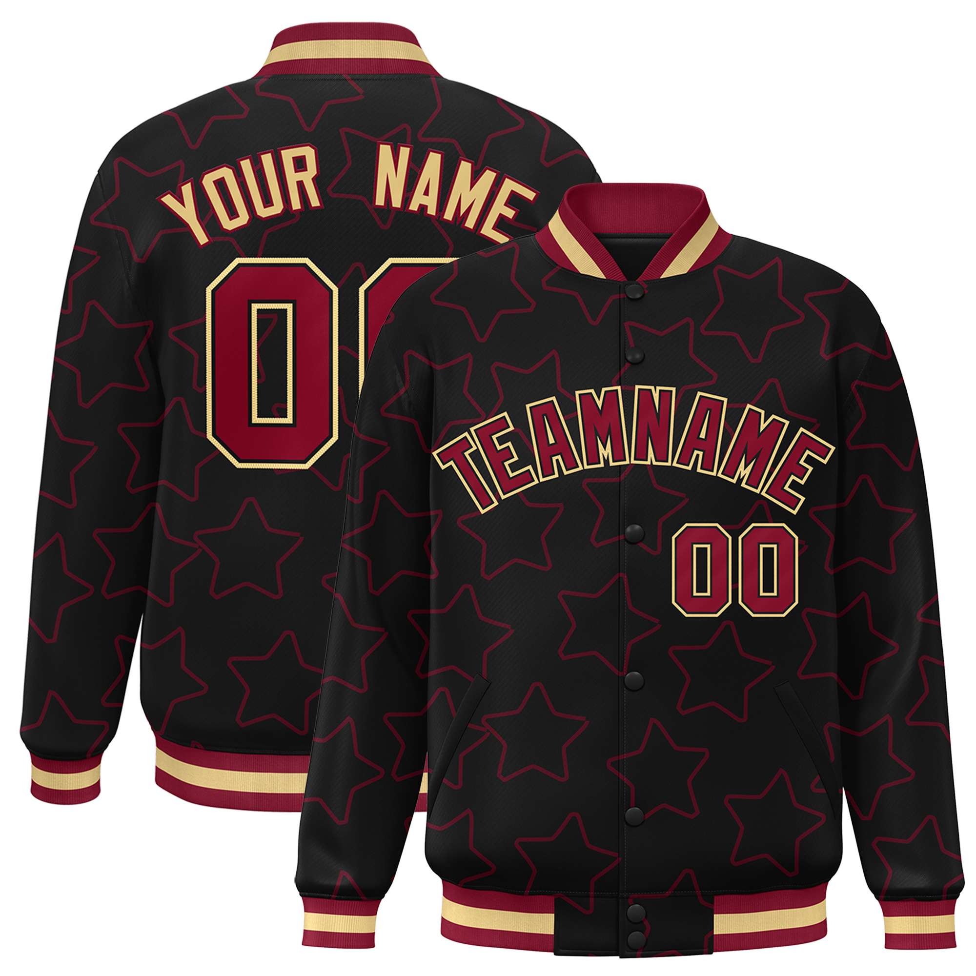 Custom Black Crimson Varsity Full-Snap Star Pattern Letterman Baseball Jacket