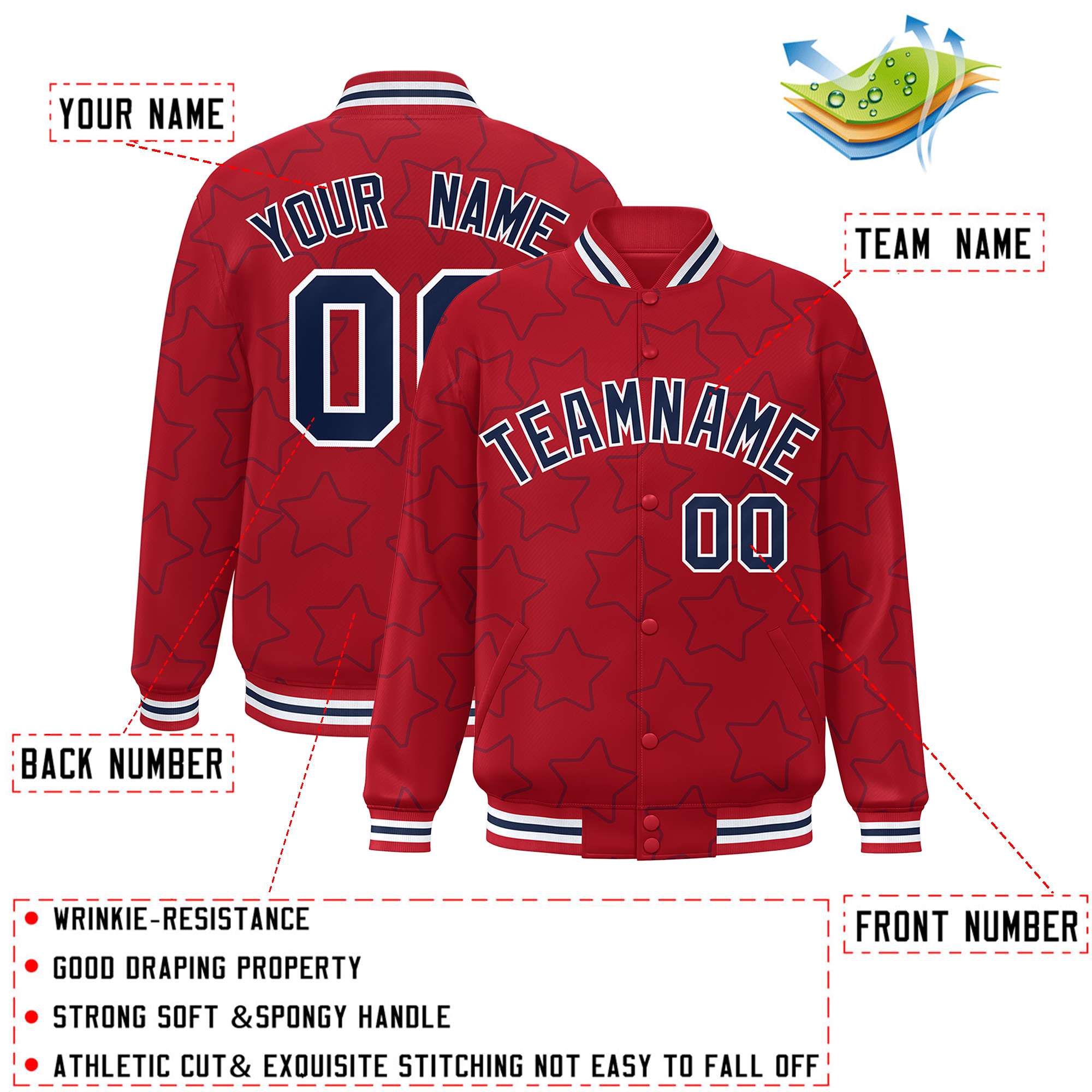 Custom Red Navy Varsity Full-Snap Star Pattern Letterman Baseball Jacket