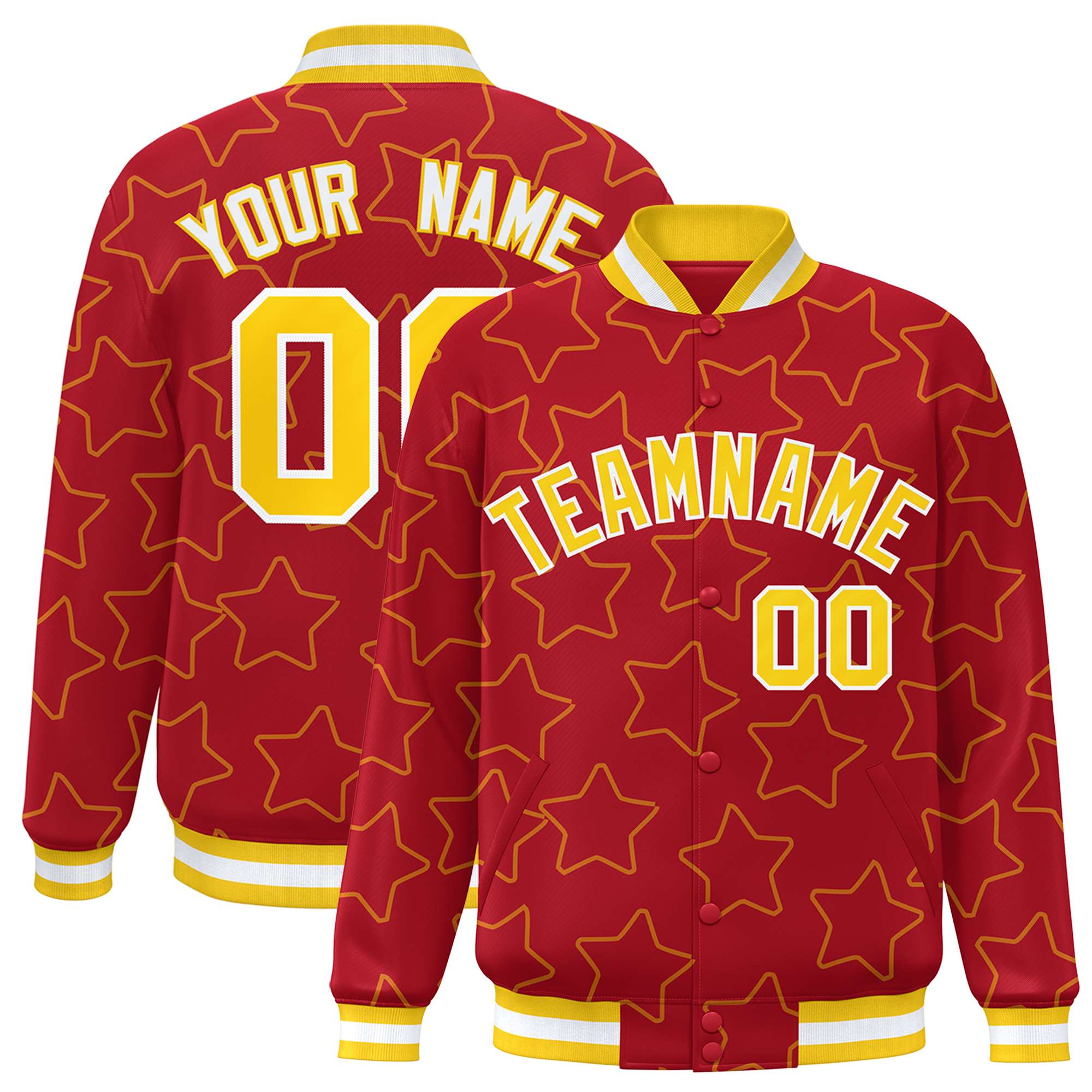 Custom Red Gold Varsity Full-Snap Star Pattern Letterman Baseball Jacket