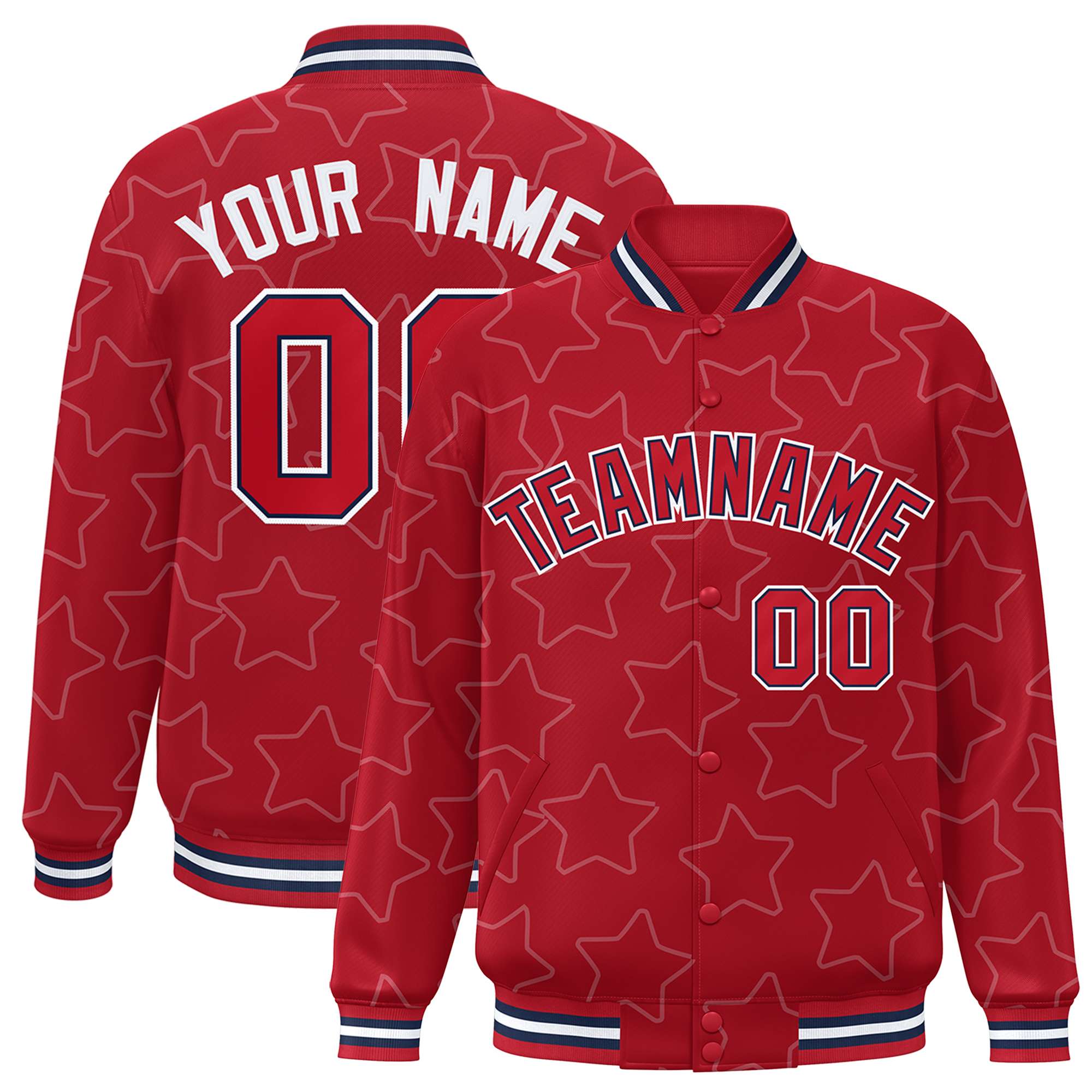 Custom Red White Varsity Full-Snap Star Pattern Letterman Baseball Jacket