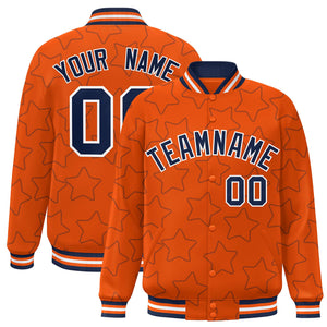 Custom Orange Navy Varsity Full-Snap Star Pattern Letterman Baseball Jacket