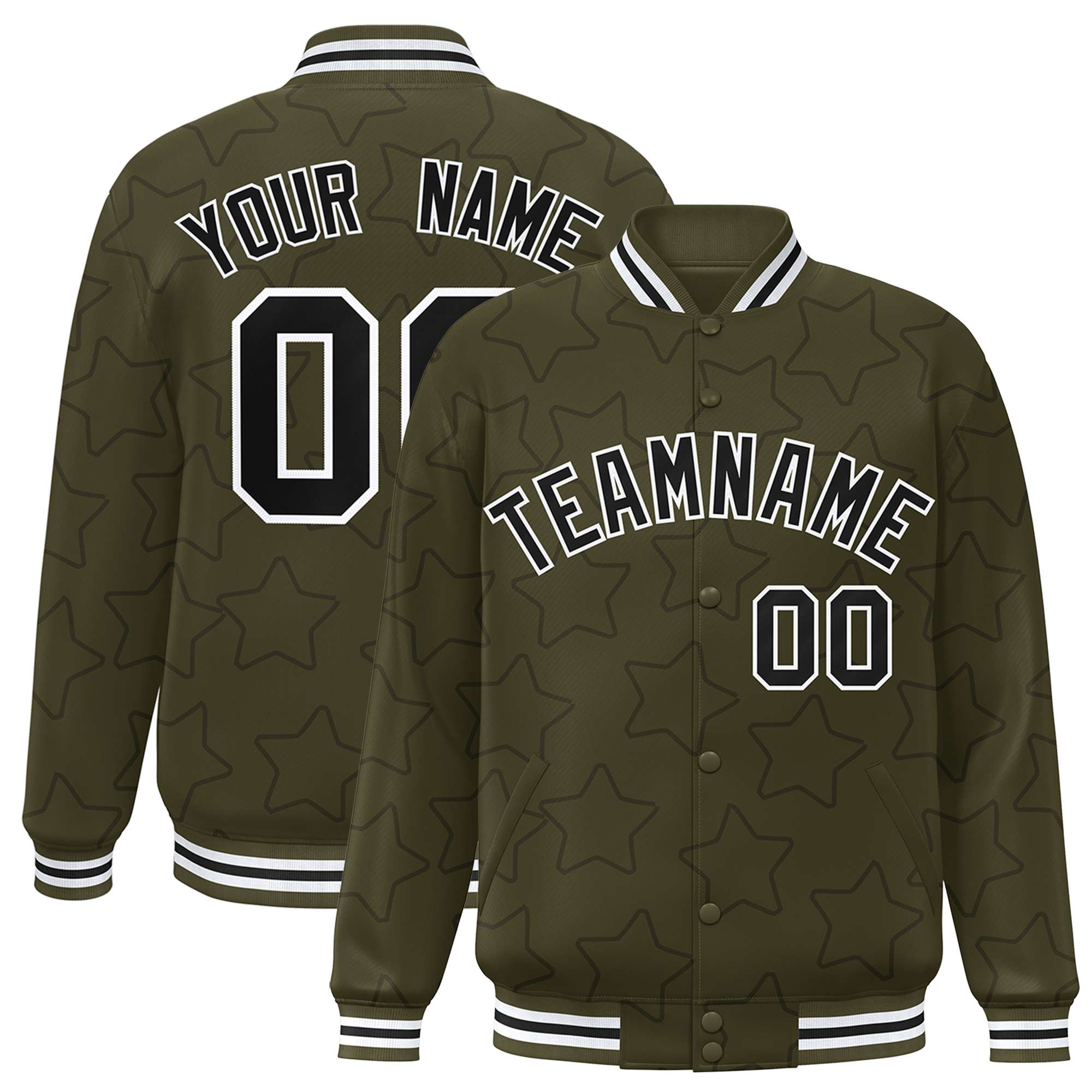 Custom Olive Black Varsity Full-Snap Star Pattern Letterman Baseball Jacket