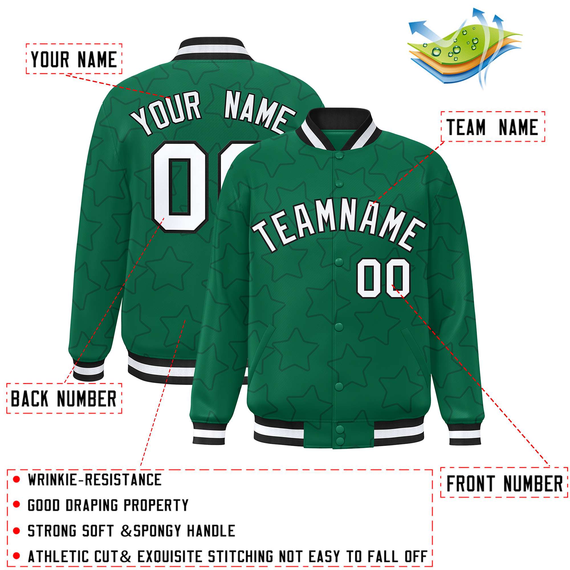 Custom Kelly Green Black Varsity Full-Snap Star Pattern Letterman Baseball Jacket