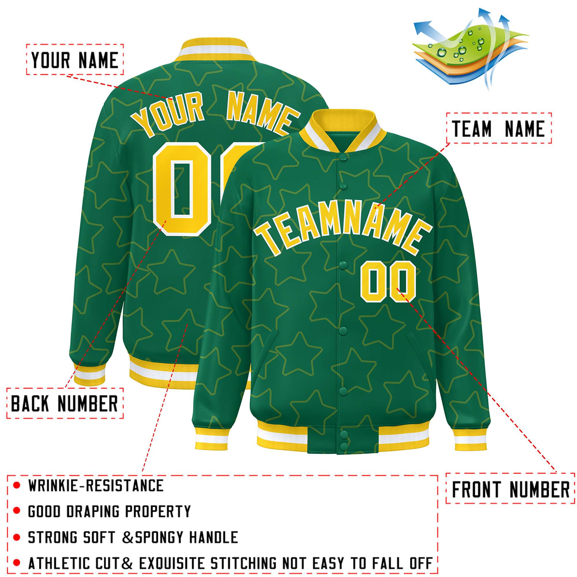 Custom Kelly Green Gold Varsity Full-Snap Star Pattern Letterman Baseball Jacket