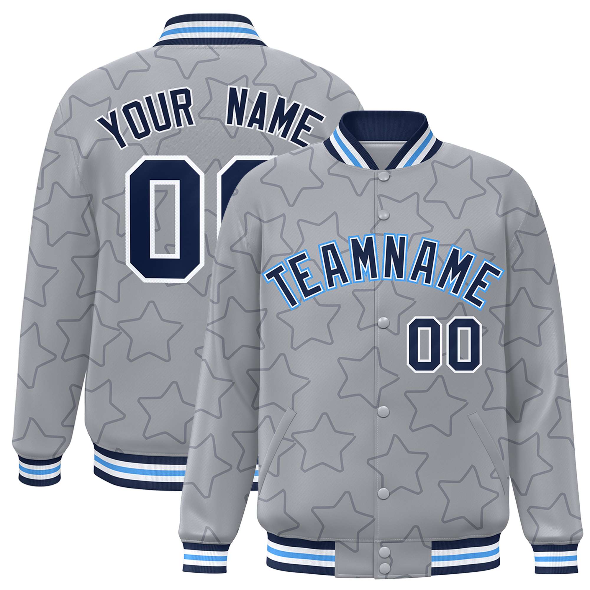 Custom Gray Navy Varsity Full-Snap Star Pattern Letterman Baseball Jacket