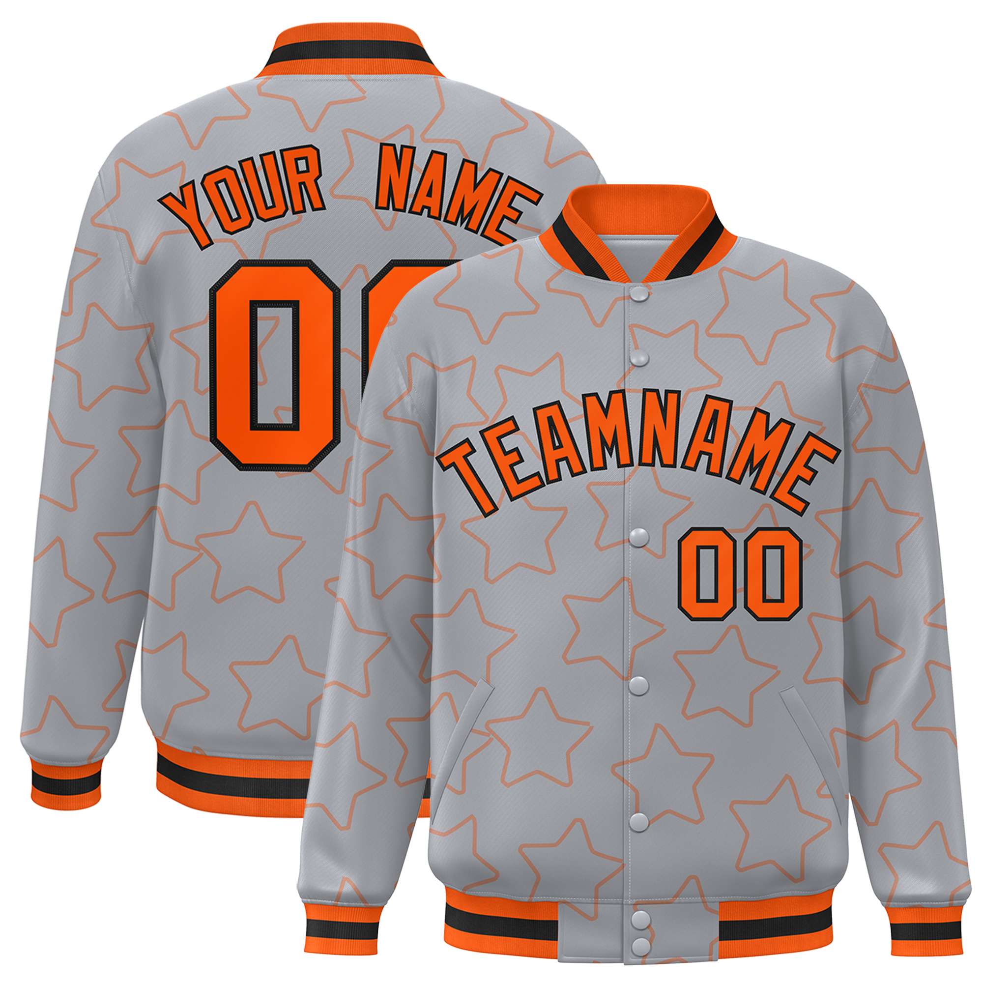 Custom Gray Orange Varsity Full-Snap Star Pattern Letterman Baseball Jacket