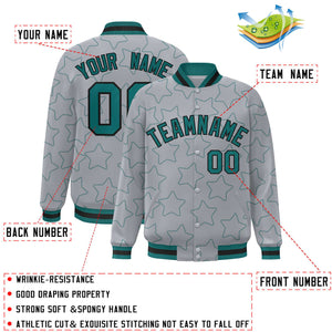 Custom Gray Aqua Varsity Full-Snap Star Pattern Letterman Baseball Jacket