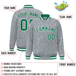 Custom Gray Kelly Green Varsity Full-Snap Star Pattern Letterman Baseball Jacket