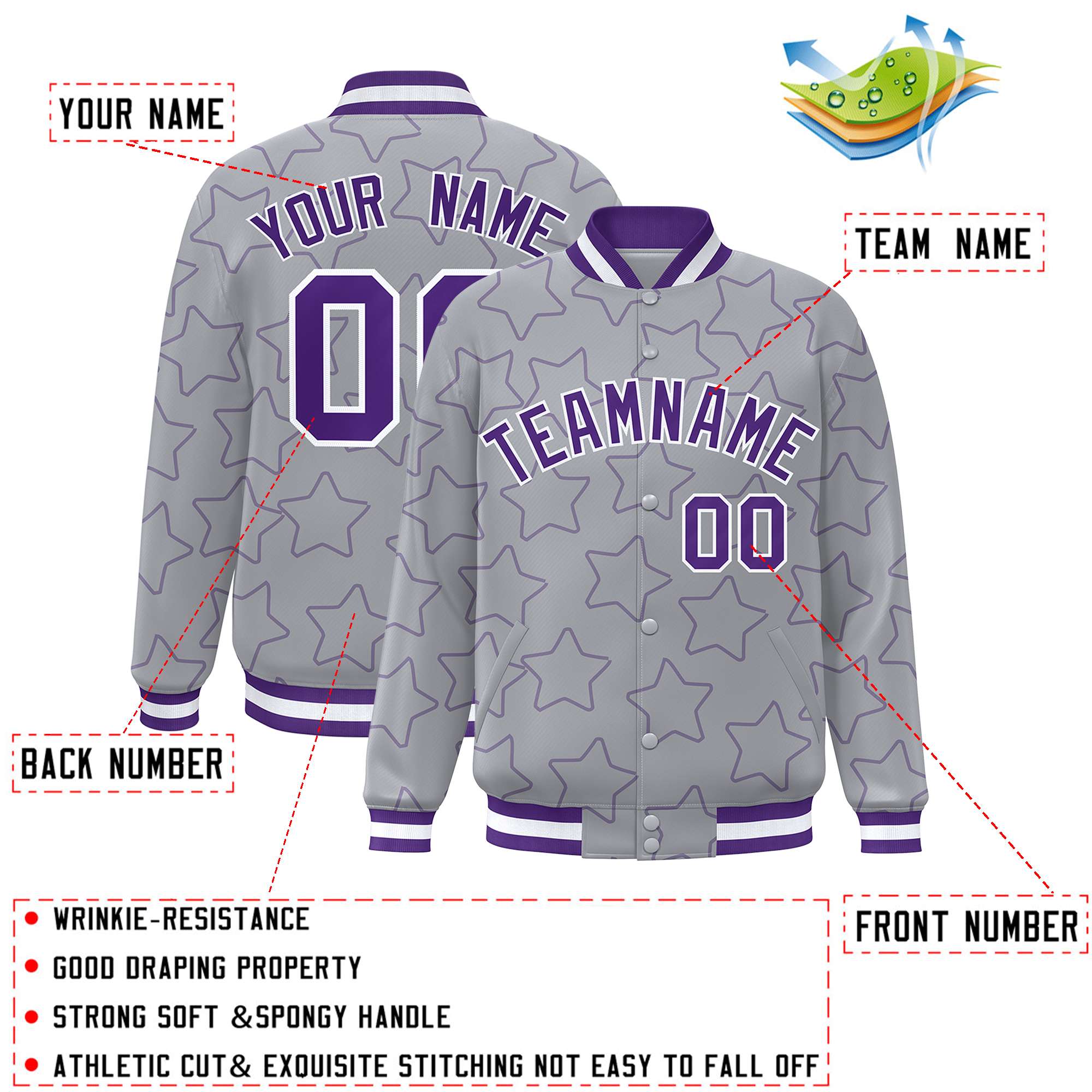 Custom Gray Purple Varsity Full-Snap Star Pattern Letterman Baseball Jacket