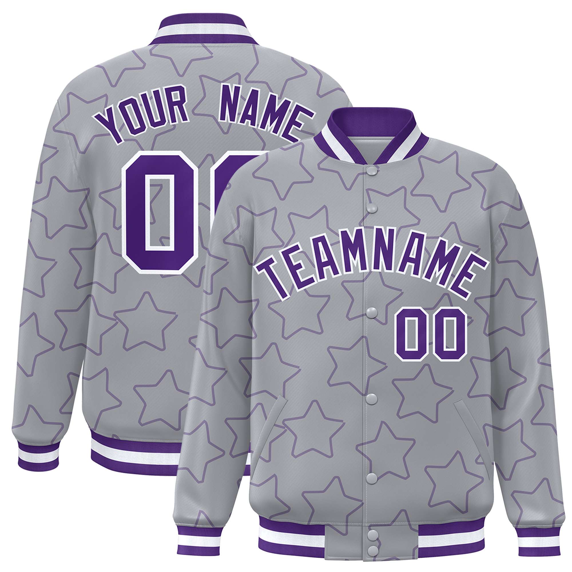 Custom Gray Purple Varsity Full-Snap Star Pattern Letterman Baseball Jacket