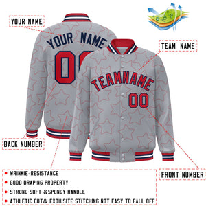 Custom Gray Red Varsity Full-Snap Star Pattern Letterman Baseball Jacket