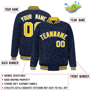 Custom Navy Gold Varsity Full-Snap Star Pattern Letterman Baseball Jacket