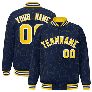 Custom Navy Gold Varsity Full-Snap Star Pattern Letterman Baseball Jacket