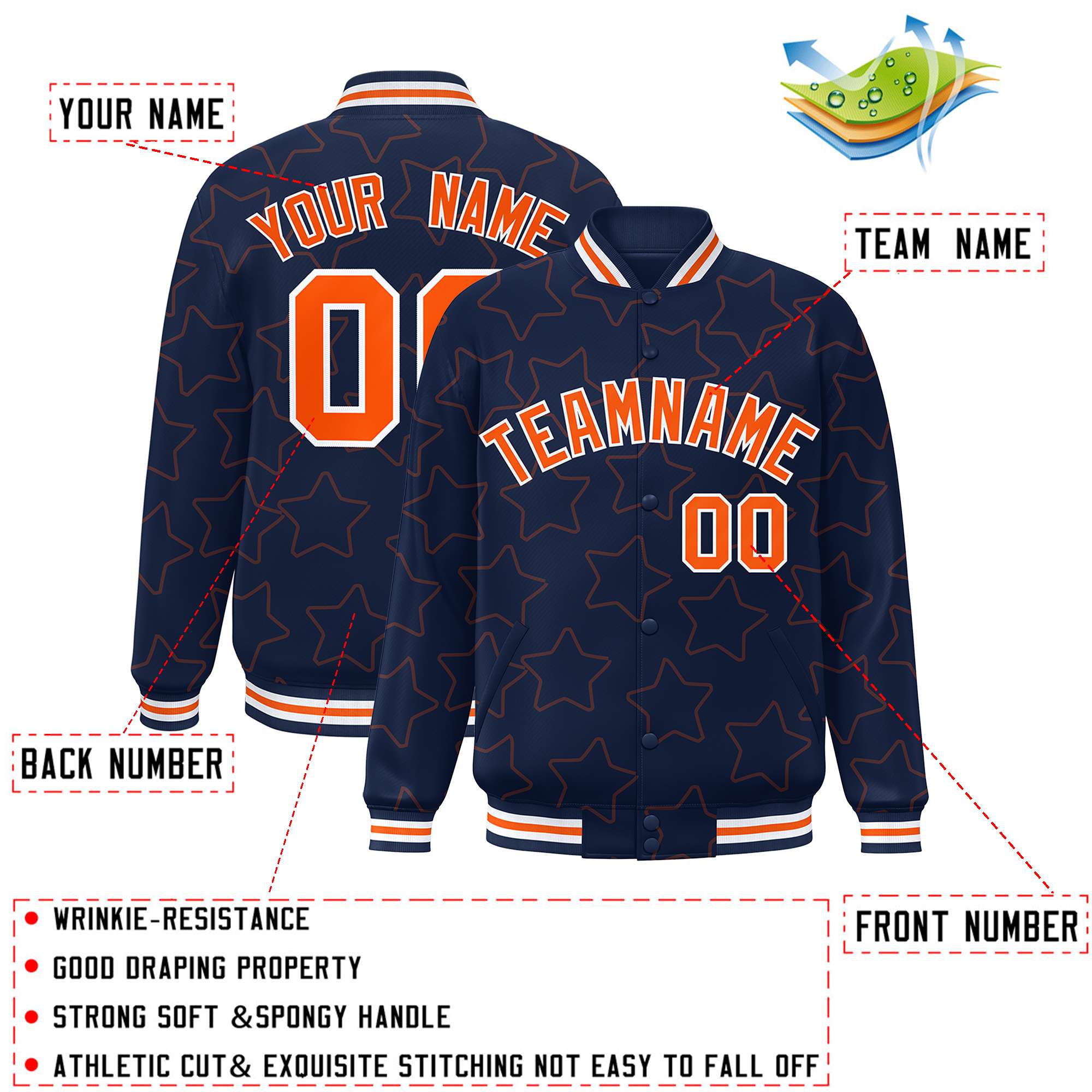 Custom Navy Orange Varsity Full-Snap Star Pattern Letterman Baseball Jacket