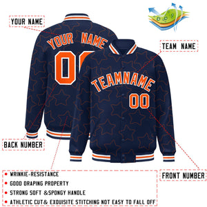 Custom Navy Orange Varsity Full-Snap Star Pattern Letterman Baseball Jacket