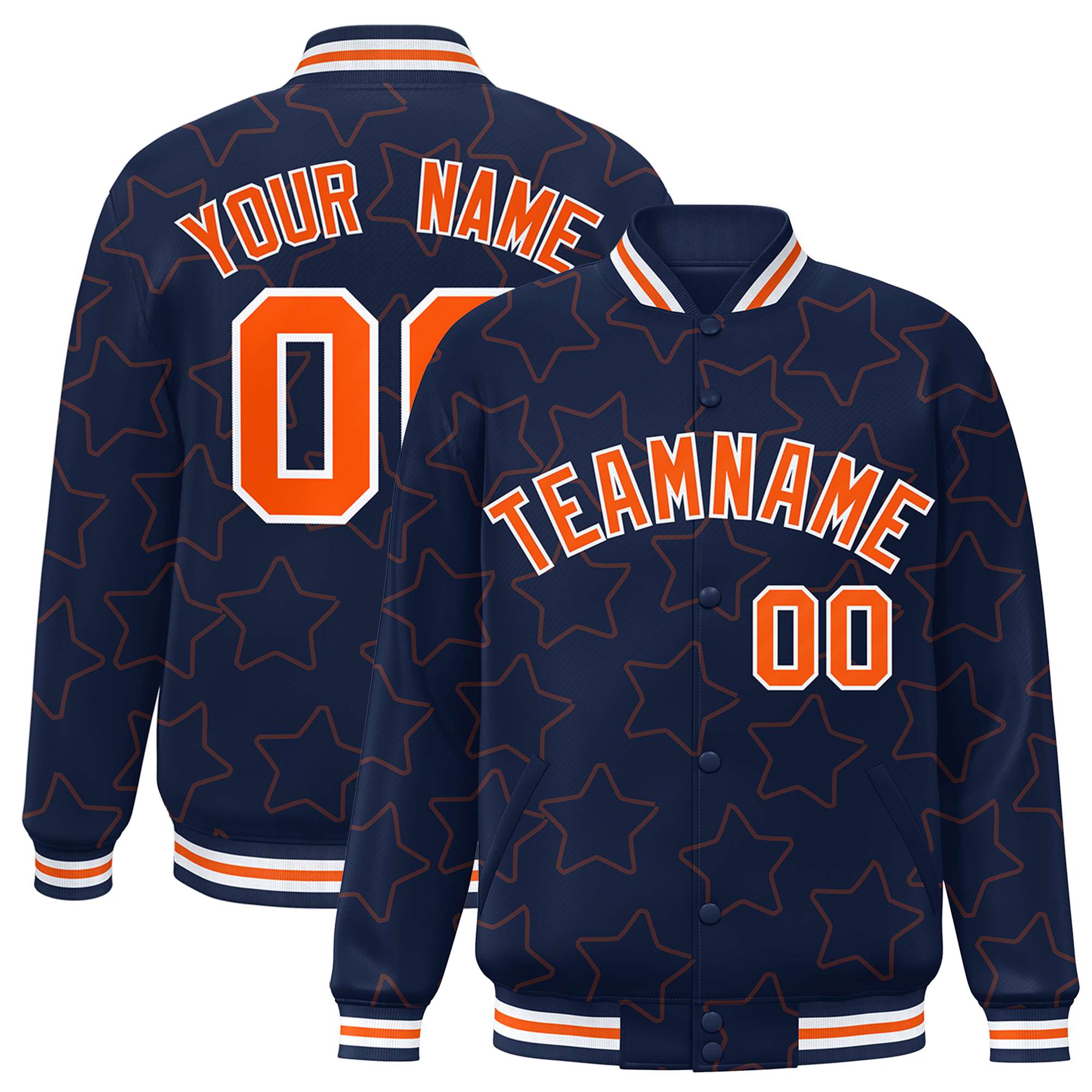 Custom Navy Orange Varsity Full-Snap Star Pattern Letterman Baseball Jacket