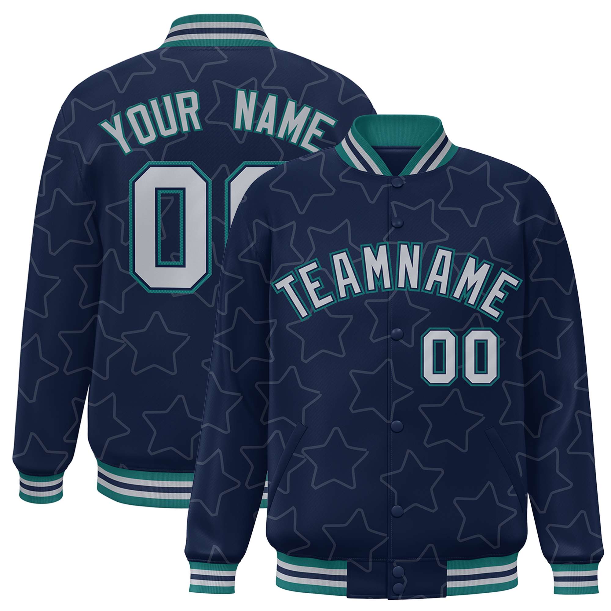 Custom Navy Gray Varsity Full-Snap Star Pattern Letterman Baseball Jacket