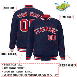 Custom Navy Red Varsity Full-Snap Star Pattern Letterman Baseball Jacket