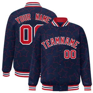 Custom Navy Red Varsity Full-Snap Star Pattern Letterman Baseball Jacket