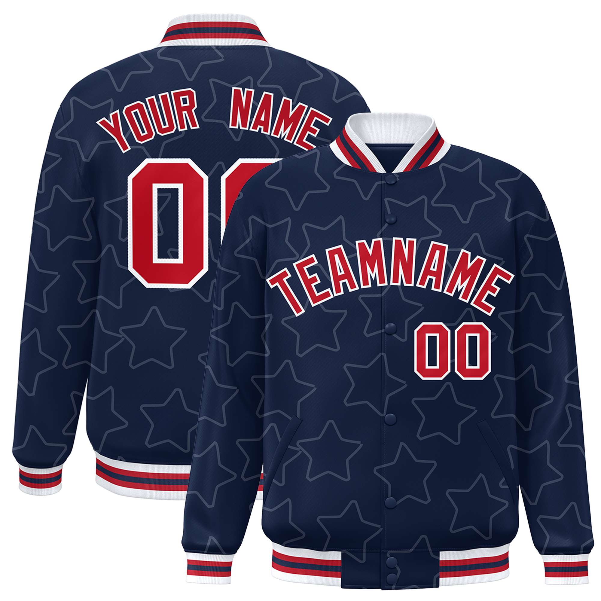 Custom Navy White Varsity Full-Snap Star Pattern Letterman Baseball Jacket