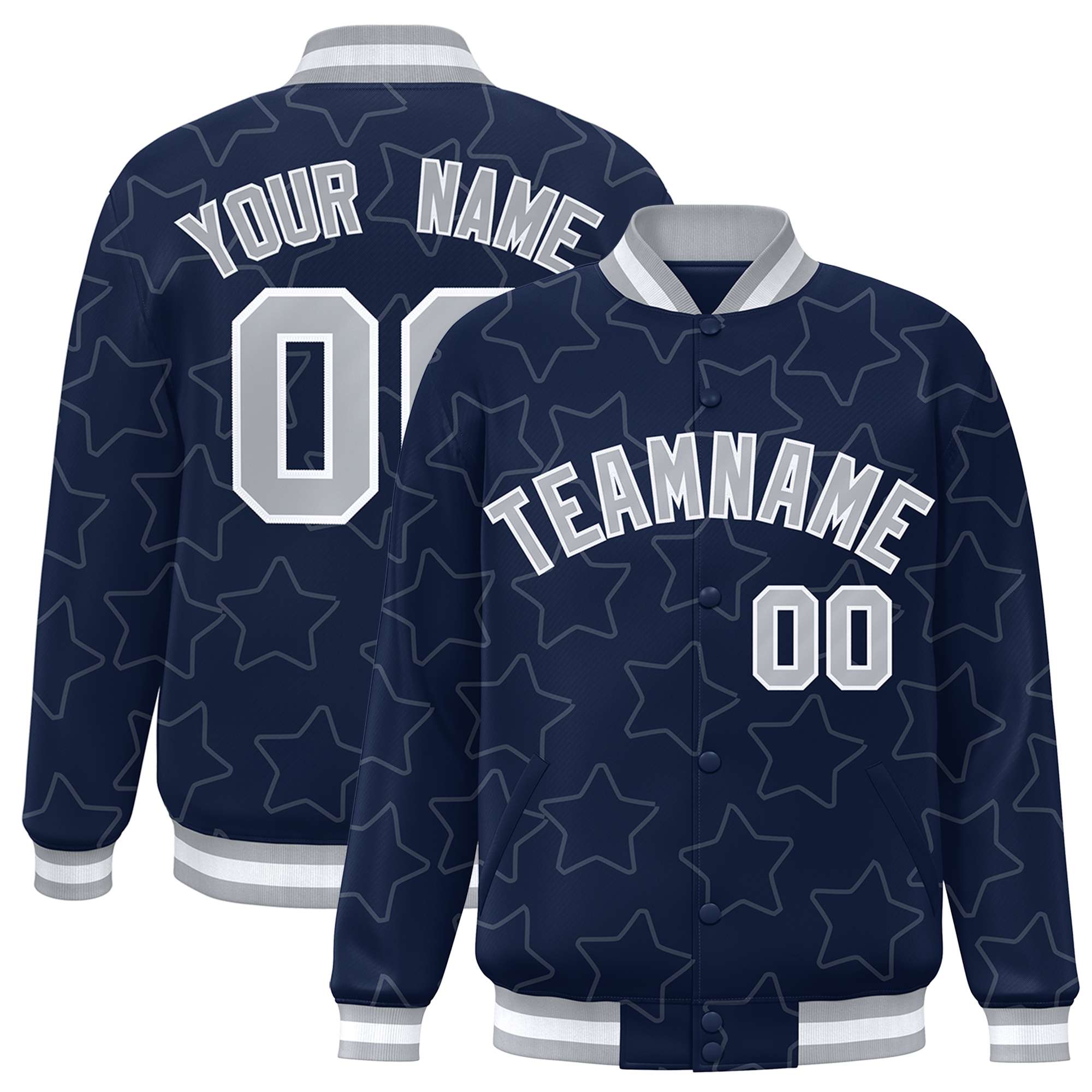 Custom Navy Gray Varsity Full-Snap Star Pattern Letterman Baseball Jacket