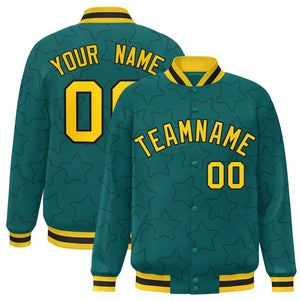 Custom Aqua Navy Varsity Full-Snap Star Pattern Letterman Baseball Jacket