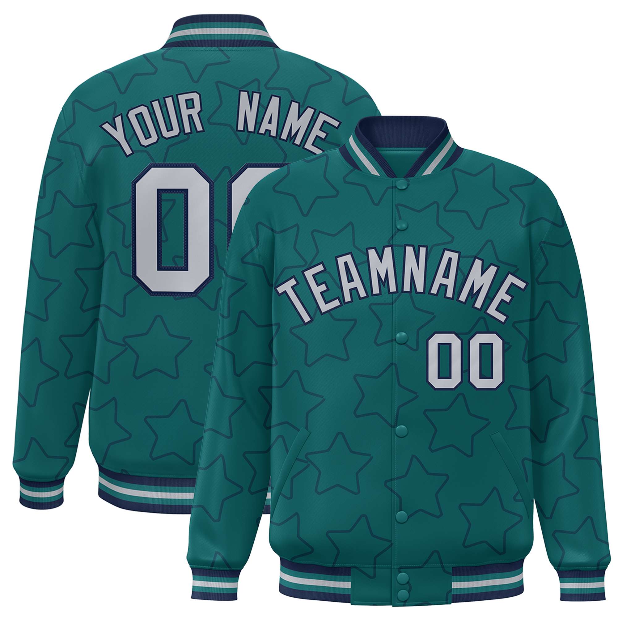 Custom Aqua Navy Varsity Full-Snap Star Pattern Letterman Baseball Jacket