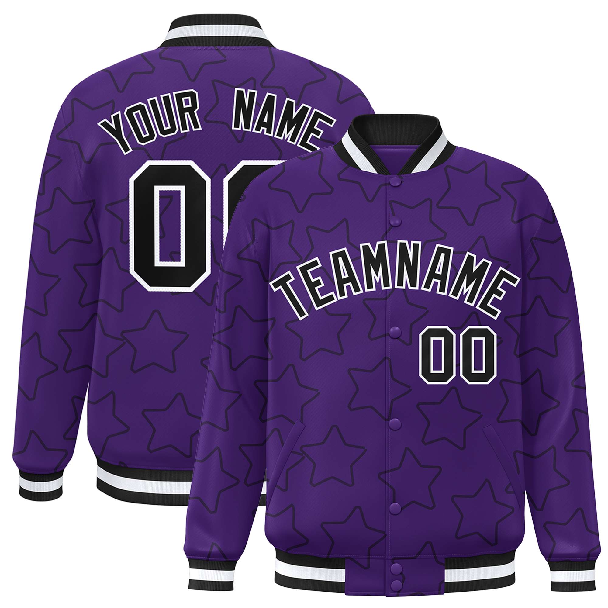 Custom Purple Black Varsity Full-Snap Star Pattern Letterman Baseball Jacket