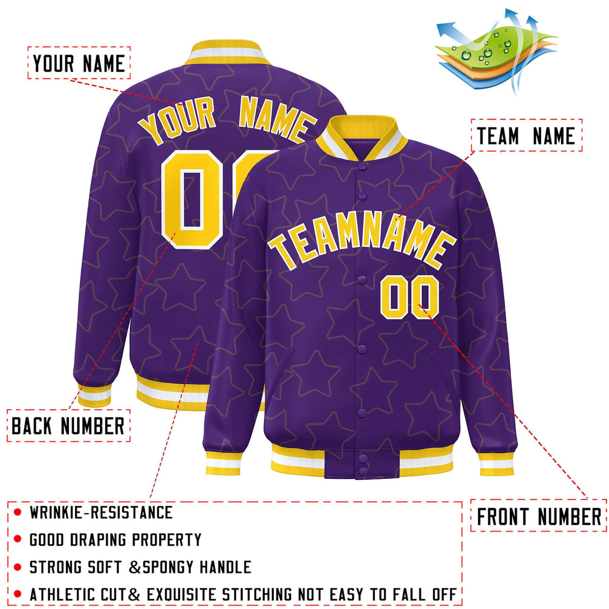 Custom Purple Gold Varsity Full-Snap Star Pattern Letterman Baseball Jacket